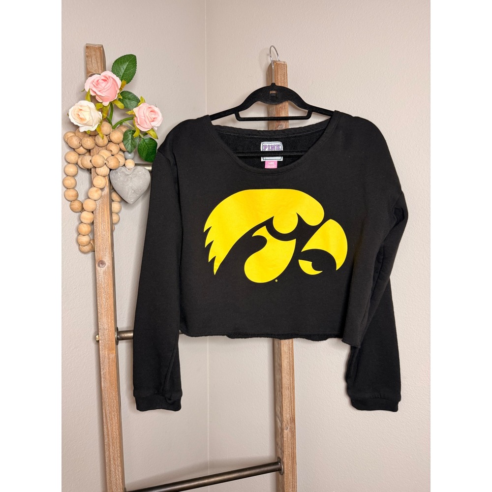 Victoria's Secret PINK Iowa Hawkeyes Cropped Sweatshirt Black Yellow Large